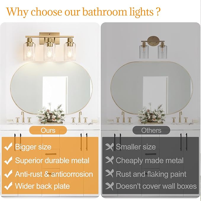 3 Light Bathroom Light Fixtures, Brass Vanity Lights for Bathroom with Clear Glass Shades, Modern Bathroom Wall Sconces for Mirror Living Room Cabinet