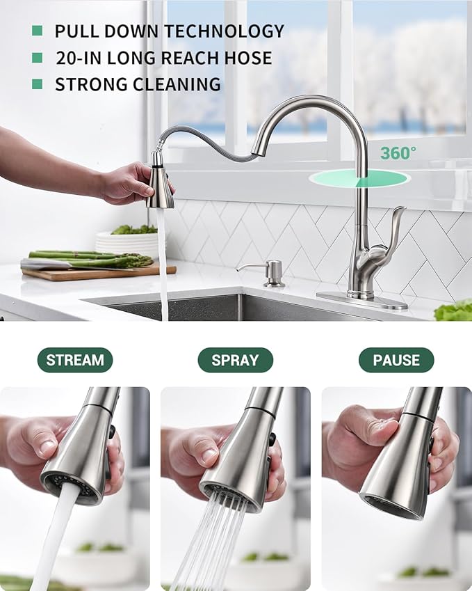 APPASO Patented Kitchen Faucet with Pull Down Sprayer and Soap Dispenser - Single Handle Stainless Steel Brushed Nickel High Arc Pull Out Kitchen Sink Faucets with Deck Plate