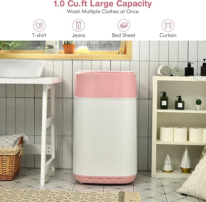 COSTWAY Portable Washing Machine, 8 Lbs Capacity, Built-in Drain Pump, Compact Laundry Washer with 6 Programs, 6 Water Levels, Child Lock, Full-Automatic washer for RV, Dorm, Apartment, Pink