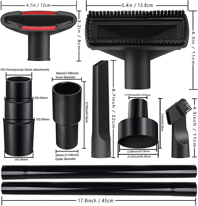 14Pcs Universal Vacuum Attachment Professional Shop Vac Accessories Wet Dry Vacuum Hose Adapter with Hair Brush Extension Wand Flexible Crevice Tool fit 2 1/2" to 1 1/4" and 1 7/8" to 1" Vacuum Hose