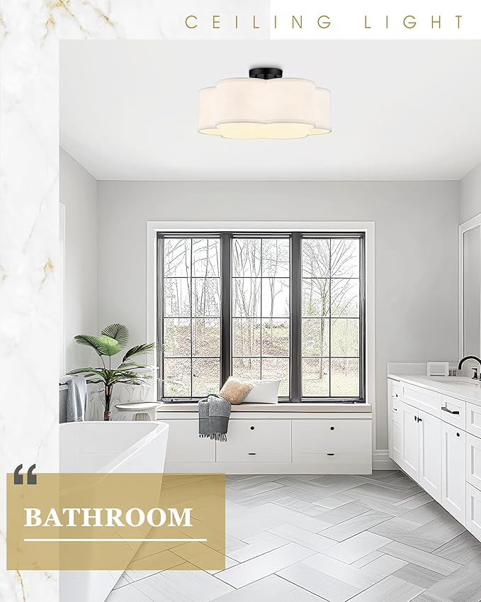 Black Semi Flush Mount Ceiling Lights, 6-Light 18Inch Ceiling Light Fixtures with Fabric Drum Shade in Flower Shape for Nursery Bedroom Kitchen, AD-22007-6SF-BK