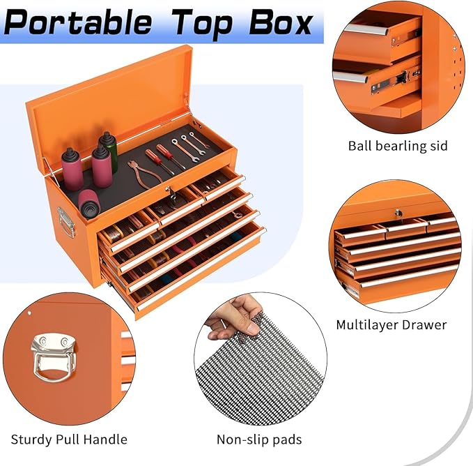 8 Drawer Rolling Tool Chest, High Capacity Tool Box with Lockable Wheels and Drawers, 2 in 1 Portable Toolbox Organizer Storage Cabinet for Garage, Warehouse, Repair Shop, Orange