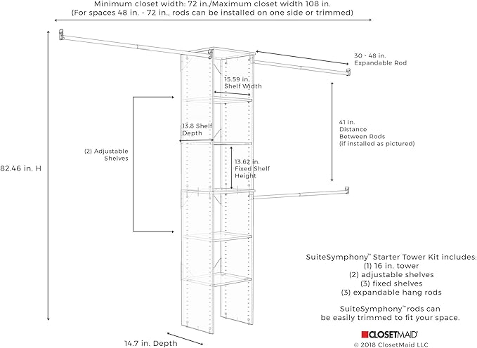 ClosetMaid SuiteSymphony Wood Closet Organizer Starter Kit with Tower and 3 Hang Rods, Shelves, Adjustable, Fits Spaces 4 – 9 ft. Wide, Engineered Wood, Pure White, 16"