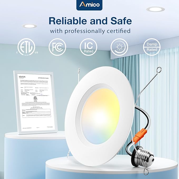 Amico 5/6 inch 5CCT LED Recessed Lighting 48 Pack, Dimmable, IC & Damp Rated, 12.5W=100W, 950LM Can Lights with Baffle Trim, 2700K/3000K/4000K/5000K/6000K Selectable, Retrofit Installation - ETL & FCC