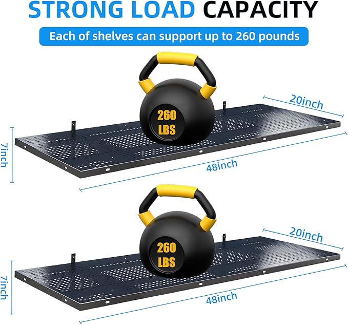 2-Pack 1.64x4ft Heavy Duty Adjustable Garage Wall Shelving, 520 lbs Load Capacity, Garage Shelving Wall Mounted, Floating Storage Rack with Hooks (Balck)