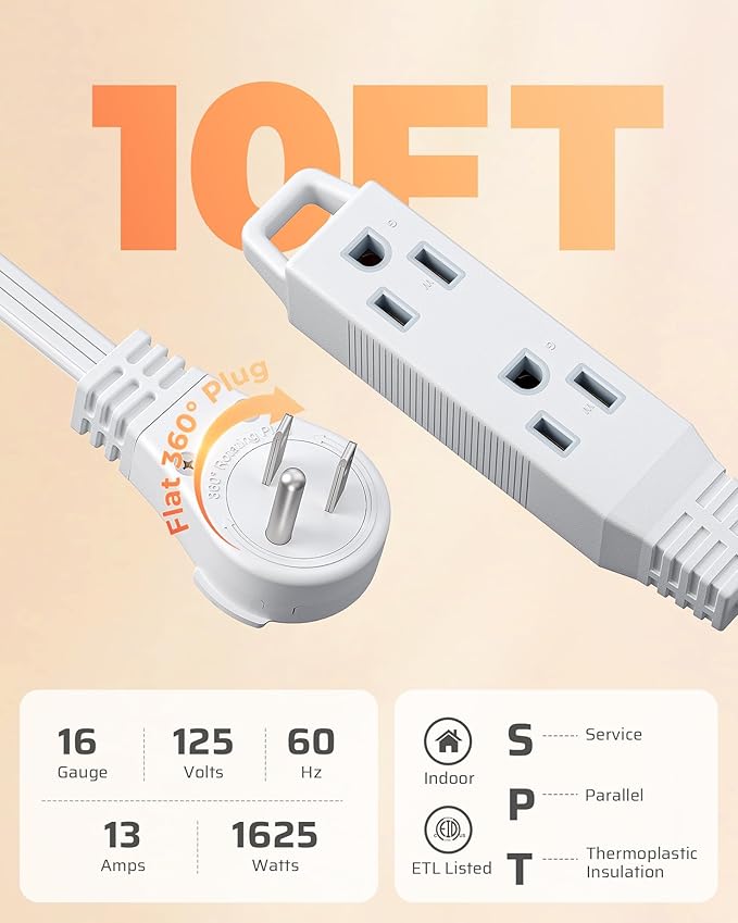 DEWENWILS 10FT Flat Plug Extension Cord, 3 Prong Ultra Thin Power Strip, 360° Rotating Plug, 13A/125V/1625W, 16 Awg Grounded Flat Power Cable for Indoor Narrow Space, SPT-3, ETL Listed, White
