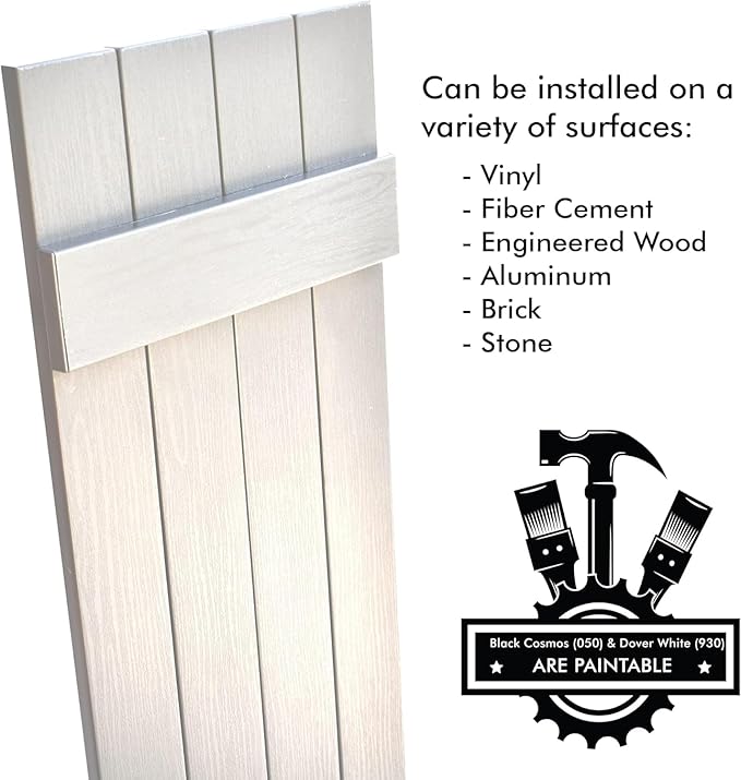 Board & Batten Vinyl Shutters (1 Pair) | 14.5"x51" (4-Board) - Dover White/Paintable | Exterior Window Shutters | Includes Mounting Hardware | Simple Installation | Made in USA