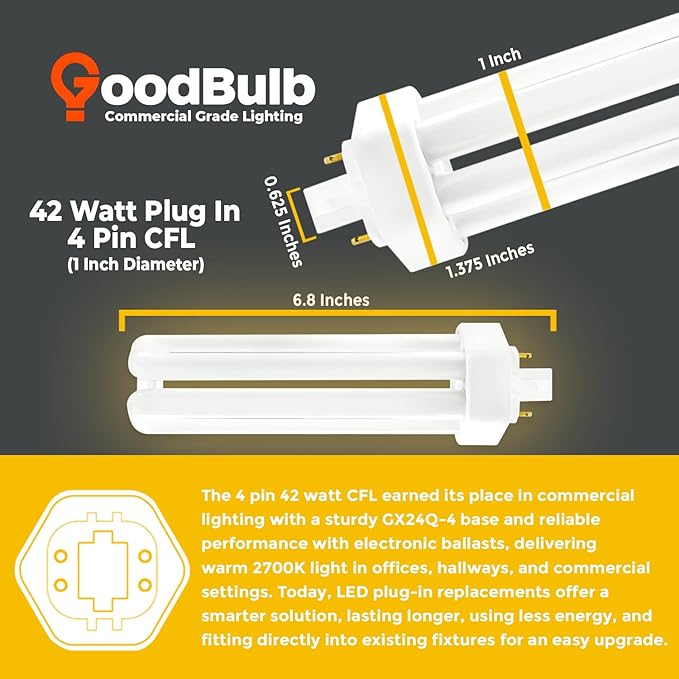 GoodBulb 42 Watt CFL Light Bulbs 4 Pin GX24Q-4 Base 2700K Soft White 42W High Output 3200 Lumens Triple Tube Compact Fluorescent Light Bulbs Plug-in 10 Pack