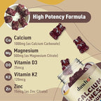 Calcium Magnesium Zinc Gummies for Women, Chewable Calcium Supplement 1000 mg Vitamin D3 & K2, Bone & Nerve Health, Muscle Function, Immune Support & Stress Relief, Blueberry Flavor, 60 Ct