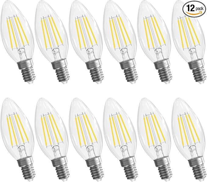 E12 Candelabra Bulb, 5000K Daylight, 6W Equivalent to 60 watt, E12 LED Bulb Non-Dimmable, Chandelier Light Bulbs, B10 Candle Light Bulbs, 90+CRI, 600LM, Cear Glass, 12 Pack