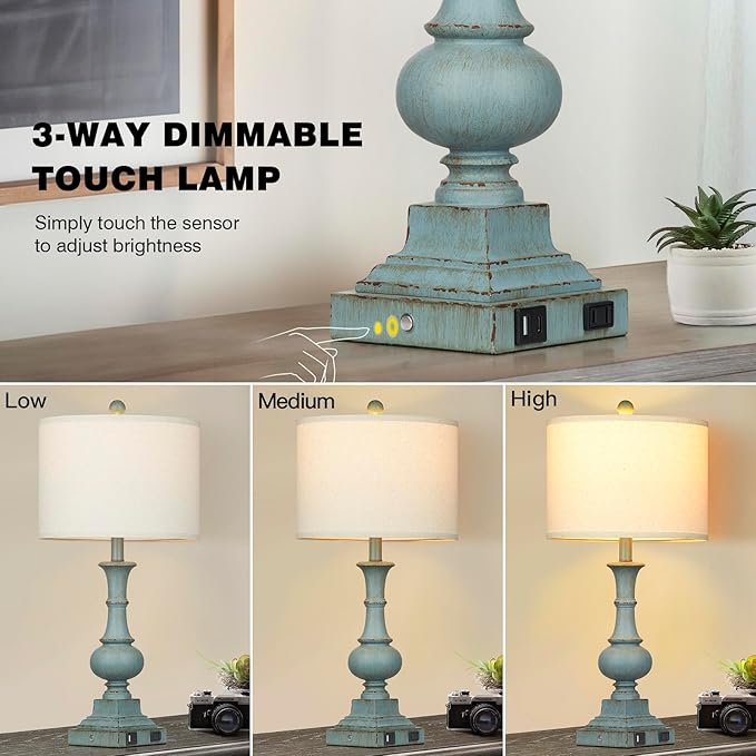 Farmhouse Table Lamps Set of 2, Rustic Touch Control Bedside Lamps with 2 USB Ports & AC Outlet, Vintage Resin 3-Way Dimmable Nightstand Lamp Linen Fabric Shade for Living Room Bedroom Decor Blue