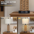 27" Boho Rattan Table Lamps Set of 2, Coastal Bedside Lamp with Night Light, Woven Wicker Bedroom Nightstand Lamps with USB A+C Charging Port, Tall Farmhouse Lamp for Living Room End Table