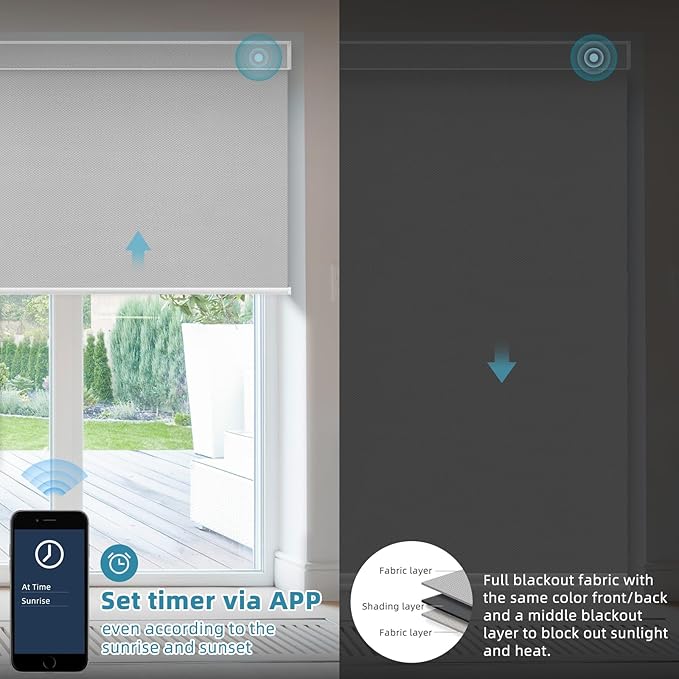 SmartWings Motorized Smart Blinds with Remote, Automatic Blackout Roller Shade Work with Alexa Homekit Thread Google Z-Wave, Electric Blind for Window, Custom Width Up to 110" W,Vinyl Light Grey