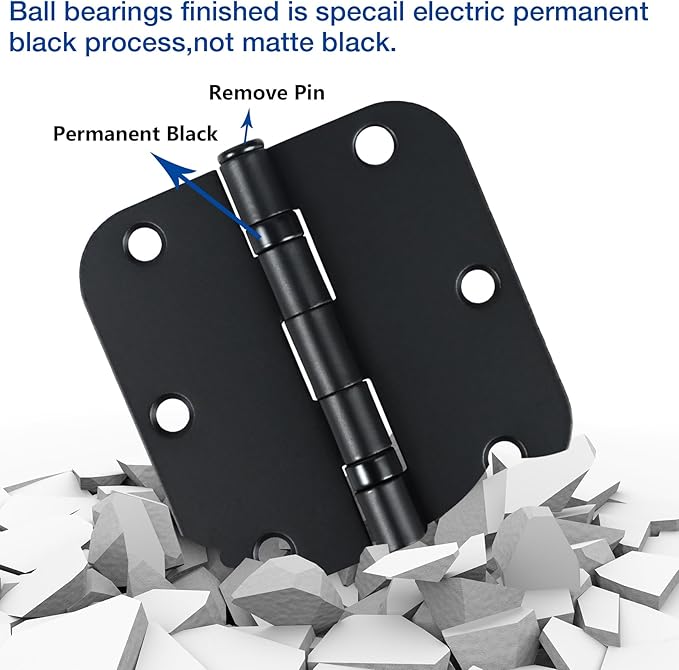 1 Pack Ball Bearing Door Hinges Matte Black 3.5 Inch 5/8" Radius Round Anti Squeak Interior 3-1/2"Flat Iron Bifold Standard Office Bedroom Indoor for Doors 3 ½" Hardware Home House Decor Accessories
