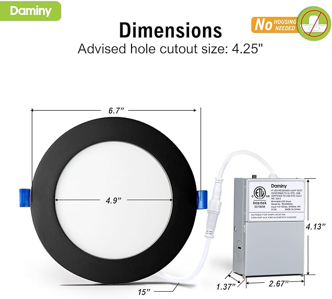 DAMINY 24 Pack 6 Inch Black LED Recessed Lighting with Junction Box,5CCT,Ultra-Thin Recessed Light,10W 1100lm, Dimmable Canless Wafer Ceiling Light, High Brightness - ETL