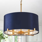 Drum Chandelier,18” Blue and Gold Round Ceiling Pendant Light Fixture Velvet Fabric Shade 4 Lights Modern Semi Flush Mount Hanging Chandelier for Dining Room Foyer Hallway