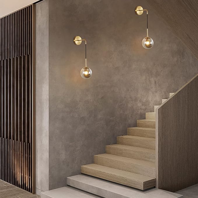 KCO Lighting Modern Glass Globe Wall Sconce Minimalist Gold Wall Mounted Sconce Light with Smoke Grey Lampshade Round Wall Lamp for Bathroom Mirror Bedroom (Smoke Grey-2PC)