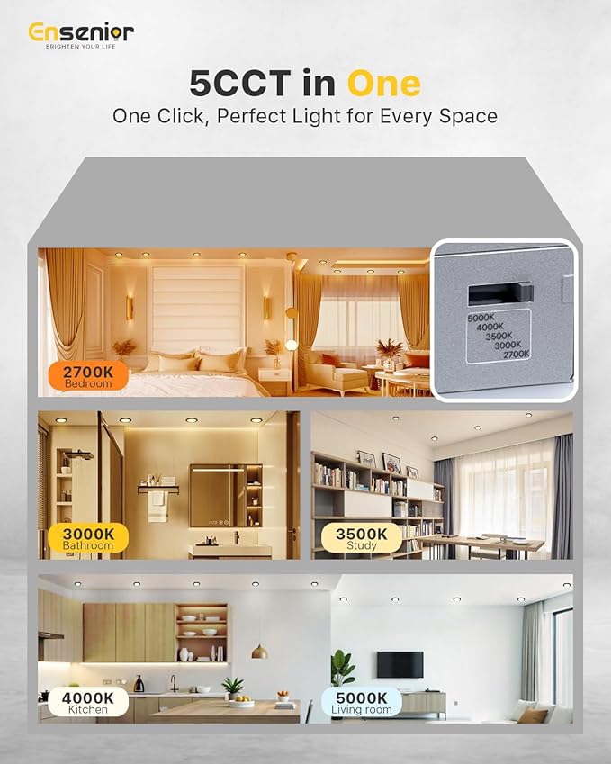 Ensenior 6 Pack 6 Inch LED Recessed Light, Dimmable, 2700K-5000K 5CCT, 1200LM High Brightness, 12W 120V, Damp Rated, Ultra-Thin Canless Wafer Light, Black - ETL & FCC & IC