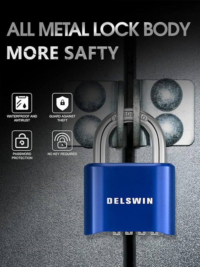 DELSWIN 4-Digit Combination Lock Outdoor Padlock - Heavy Duty Locker Lock with Hardened Steel Shackle, Waterproof Combo Lock for Gym Locker, Hasp Storage, Shed, Fence, Gate (Blue,1Pcs)