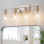 4 Light Bathroom Light Fixtures Brushed Nickel Vanity Light Over Mirror Modern Farmhouse Wall Lighting Sconces Wall Lamp for Bathroom, Bedroom, Living Room E26 Socket with Glass Shade