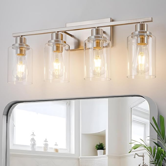 4 Light Bathroom Light Fixtures Brushed Nickel Vanity Light Over Mirror Modern Farmhouse Wall Lighting Sconces Wall Lamp for Bathroom, Bedroom, Living Room E26 Socket with Glass Shade