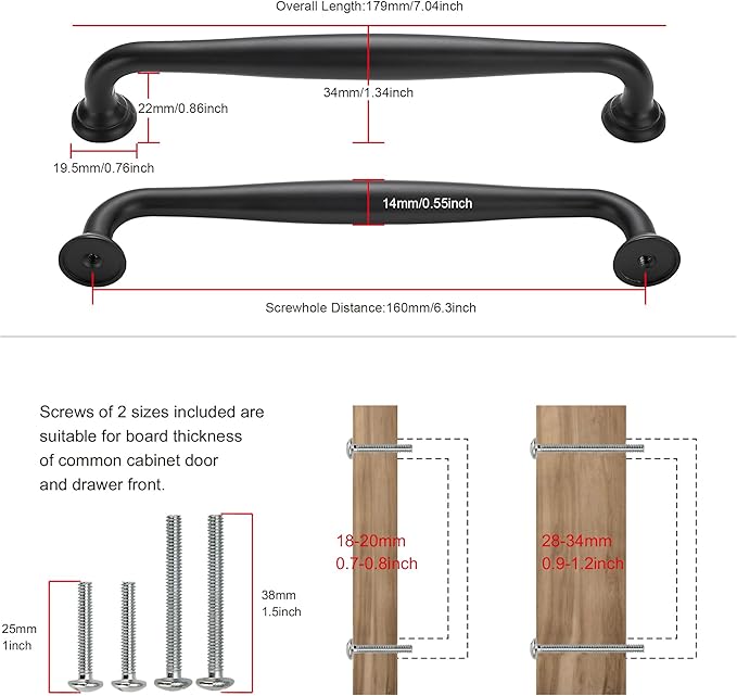 TUNNY 10 Pack Cabinet Handles-6.3"/160mm Screw Spacing Matte Black Furniture Hardware Handles for Kitchen Cabinets Bedroom Dresser Wardrobe Cabinet Pulls