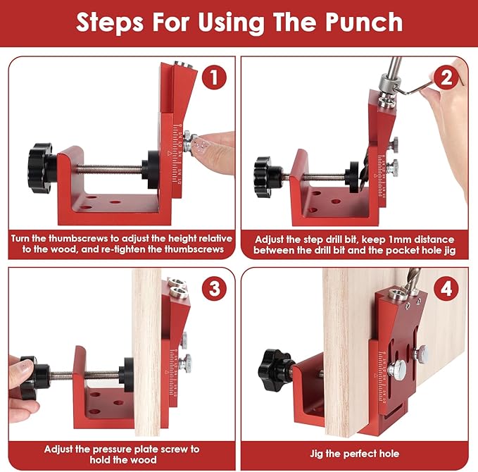 Pocket Hole Jig Kit, Adjustable Aluminum Pocket Hole System, Portable Screw Jig Set Guides Joint Carpentry Locator Woodworking Tools with Wooden Hole Plugs