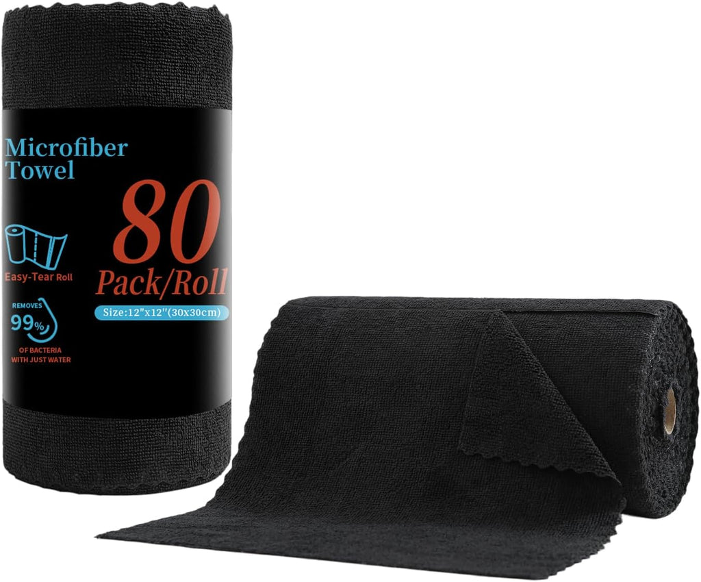 80 Pack Microfiber Cleaning Cloth Roll,Lint Free Rags & Tear Away Reusable Towels Washable Scratch,Ultra Absorbent Dish Rags(12" x 12") for Car Kitchen Home Garage-Black
