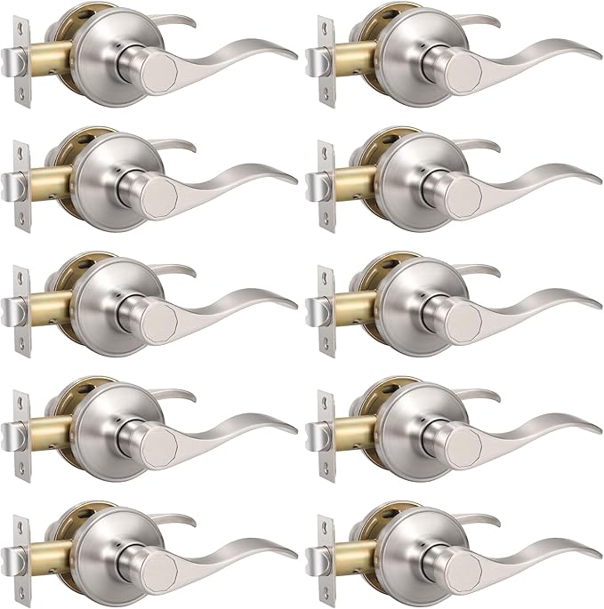 Knobonly 10 Pack Satin Nickel Pasage Door Levers Interior Door Handles for Hallyway andCloset Door Knobs Keyless Nickel Door Handles with Lock, Zinc Alloy Reversible for Right/Left