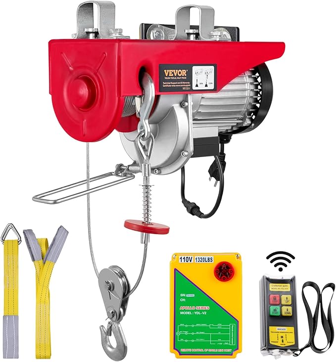 VEVOR 1320lbs Wireless Electric Hoist, 1150W 110V Electric Steel Wire Winch with Wireless Remote Control, 40ft Single Cable Lifting Height & Motor, for Garage Warehouse Factory