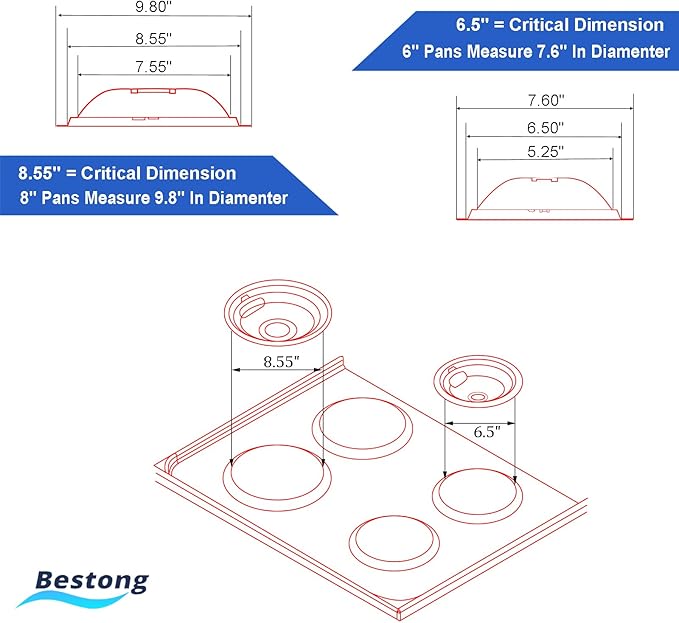 Chrome Range Drip Pans compatible with GE, Hotpoint and Kenmore Electric Stove - Replacement for WB31T10010, WB31T10011 (4 Pack, 2pcs 6" and 2pcs 8")