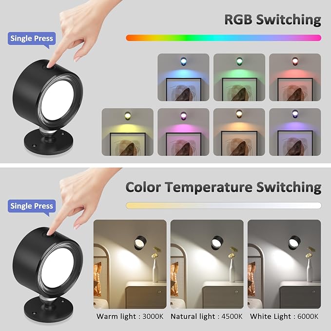 Lightbiz LED Wall Lights with Remote, RGB Ambience Wall Sconces Lamp 3000mAh Rechargeable Battery Operated, 3 Color Temp & Dimmable Magnetic 360° Rotation Cordless Light for Living Room Bedside