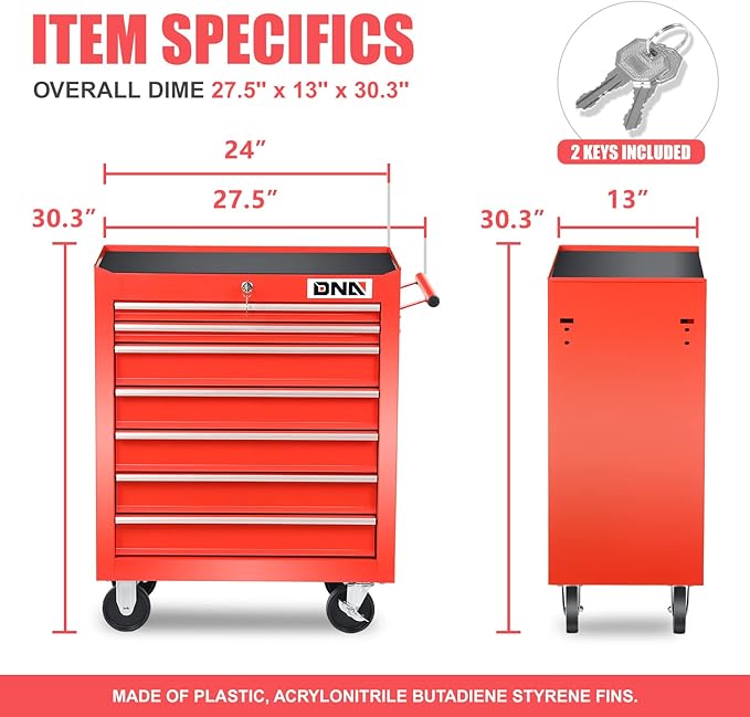 DNA MOTORING TOOLS-00264 7-Drawer Plastic Top Rolling Tool Cabinet with Keyed Locking System,27.55" L X 13" W X 30.31" H,Red