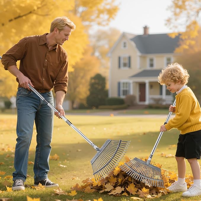 VEVOR Leaf Rake, 25 Metal Tines, Adjustable Garden Rake for Lawns with 18.3 Inch Wide Head & 36.4-72.8 Inch Long Handle, Heavy Duty Stainless Steel Small Leaves Tool for Gardening Camping Yard Grass