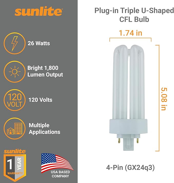 Sunlite PLT26/E/SP Compact Fluorescent Plug-in PLT 4-Pin Triple Tube, 26 Watts, 4-Pin GX24q3 Base, 1800 Lumens, 6500K Daylight, 10 Pack