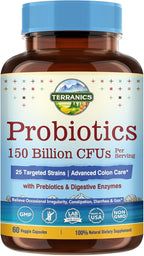 Terranics Daily Probiotics for Men & Women, 150 Billion 25 Strains Colon Care Probiotics, with Prebiotics & Enzymes, Healthy Regularity, Delayed Release, Shelf Stable, 60 Veggie Caps