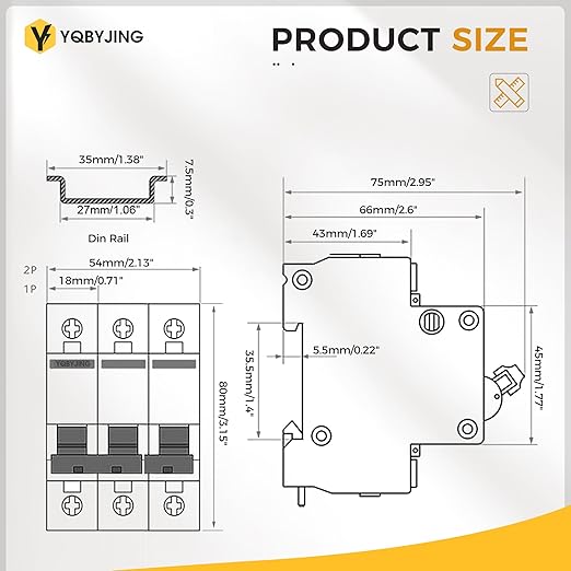 DC Circuit Breaker 63 Amp Solar Panel Disconnect Switch 12V-500V 3 Poles Miniature Solar Circuit Breaker for Outdoor PV Homes Battery, AC 110V DIN Rail MCB