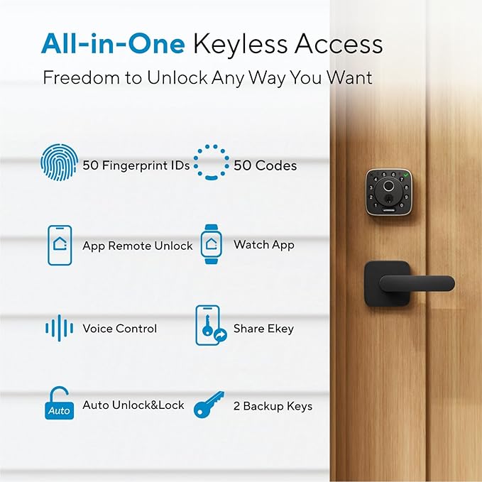 ULTRALOQ Bolt Fingerprint Smart Lock with Handle Set, Works with Apple Home, Keyless Entry Front Door Lock Set, Built-in WiFi Deadbolt with Door Sensor, App Remote Control, Auto Unlock, BHMA Certified