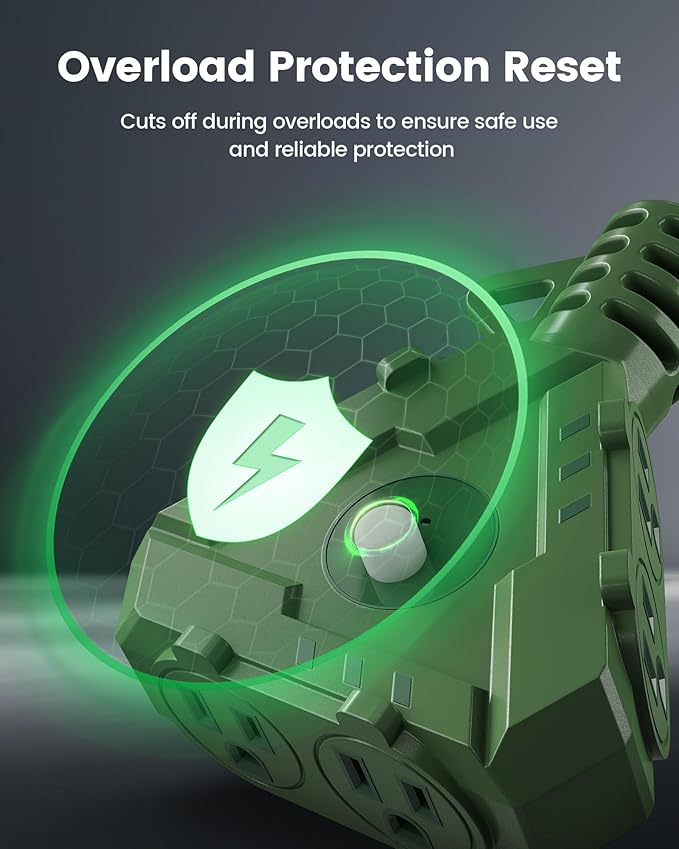 SURAIELEC Outdoor Extension Cord with 6-Outlet Power Hub Plug, 25FT 14/3 AWG SJTW Heavy-Duty Power Cord, 15A Circuit Breaker, ETL Listed, for Garage, Workshop, and Holiday Decorations, Green