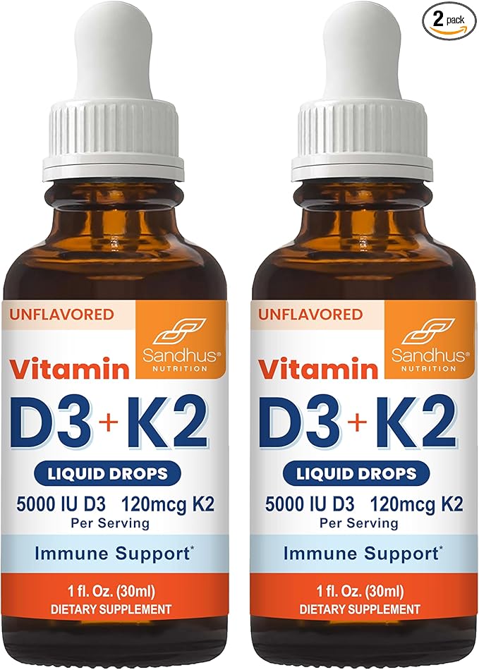 Sandhu's Vitamin D3 K2 Drops for Adults | 5000 IU D3 Liquid, 120mcg K2 Supplement 1 Fl Oz (Pack of 2) | D3K2 Supports Superior Absorption, Energy, Immune, Muscle Health for Men & Women