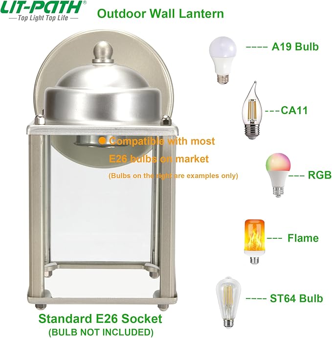 LIT-PaTH Outdoor Wall Lantern, Wall Sconce as Porch Lighting Fixture, E26 Medium Base, Aluminum Housing Plus Glass, Bulbs NOT Included, 2-Pack, Nickel Finish