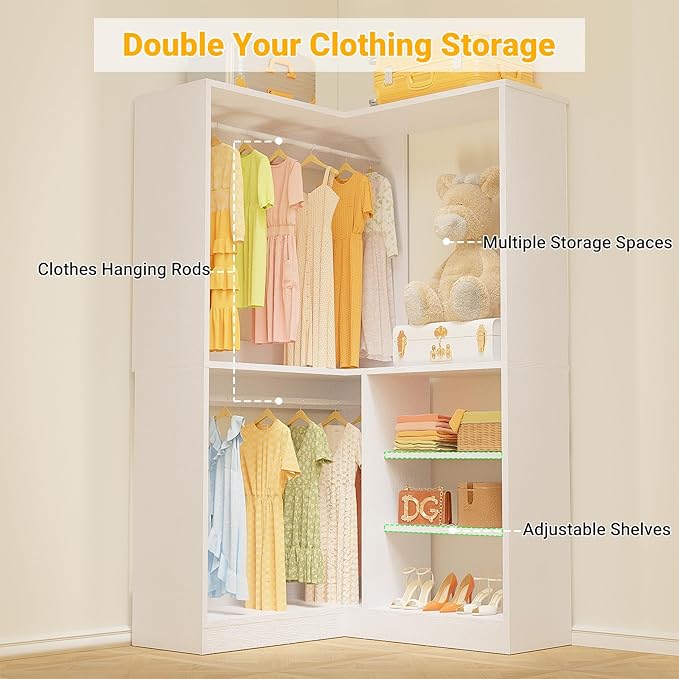 Unikito Corner Closet System, 36 Inch Large Freestanding Closet Organizer System with 2 Hanging Rods and Storage Shelves, Sturdy Walk in Closet Tower, 36" W x 36" D x 80" H, White