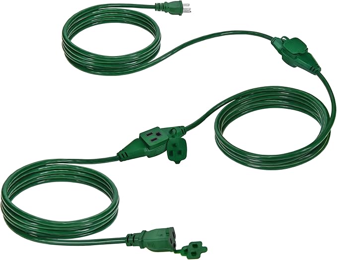 Clear Power 25ft 16/3 SJTW Green Landscape Extension Cord w/3 Inline outlets & Outlet Covers, for Christmas Lights and Holiday Decorations, CP10225
