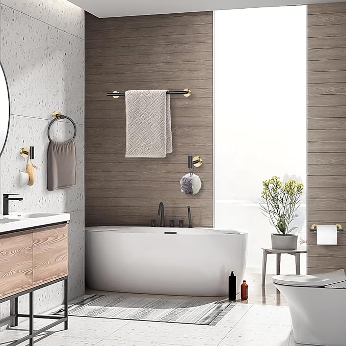 TQKAG Black and Gold 5 Piece Bathroom Hardware Accessories Set 23.6" SUS304 Stainless Steel Bathroom Towel Bar Holder Sets Double Post Pivoting Toilet Paper Holder Set Wall Mounted