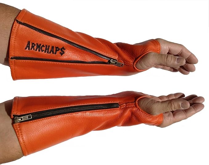 Arm Chaps Leather Protective Sleeves Arm Guard - Prevent Cuts, Scratches & Bruises - Genuine Cowhide - Ideal for Gardening & Construction - Left & Right Form-Fitting. Orange (1 Pair/XX-Small).