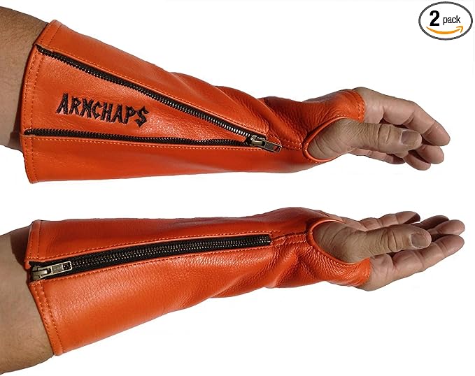 Arm Chaps Leather Protective Sleeves Arm Guard - Prevent Cuts, Scratches & Bruises - Genuine Cowhide - Ideal for Gardening & Construction - Left & Right Form-Fitting. Orange (1 Pair/X-Small).