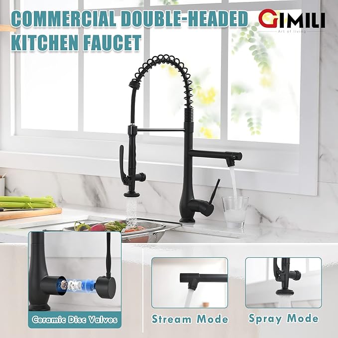 GIMILI Matte Black Kitchen Faucet with Pull Down Sprayer Single Handle High Pressure Kitchen Sink Faucet Commercial Double-Headed Kitchen Faucets