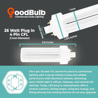 GoodBulb 26 Watt CFL Light Bulbs 4 Pin GX24Q-3 Base 4100K Cool White 26W High Output 1800 Lumens Triple Tube Compact Fluorescent Light Bulbs Plug-in 10 Pack