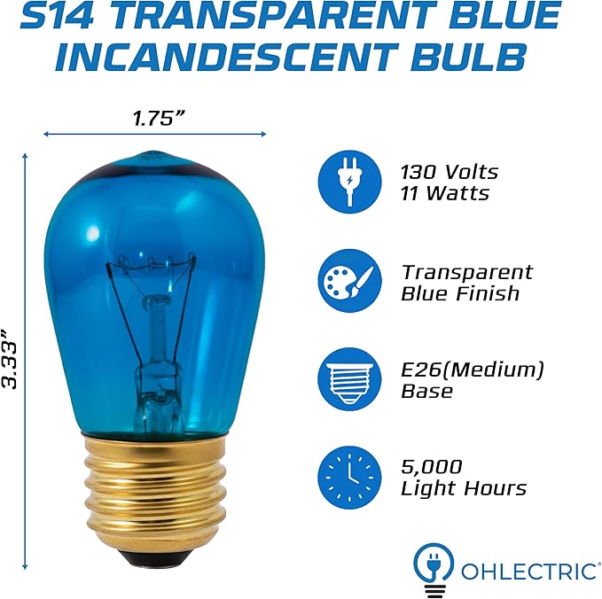 OHLECTRIC Transparent Blue Night Light Bulbs (10-Pack) 11W S14 Sign Bulb, Decorative Light Bulbs, E26 Medium Base, Colorful Bulbs, Dimmable, Sign Replacement Lamp for Indoor & Outdoor Use.Avg Hrs 5000