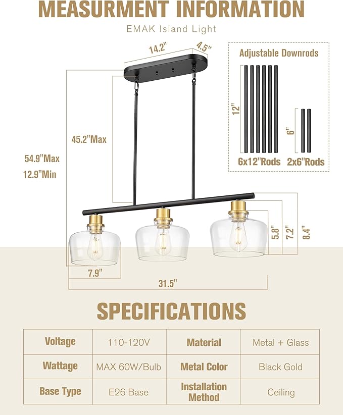 Emak Black and Gold Dining Room Light Fixture, Modern 32 Inch Kitchen Island Lighting with Clear Glass Shade, Farmhouse 3-Light Kitchen Pendant Lighting Over Island, Table, IL122-BKBGD-CG-3